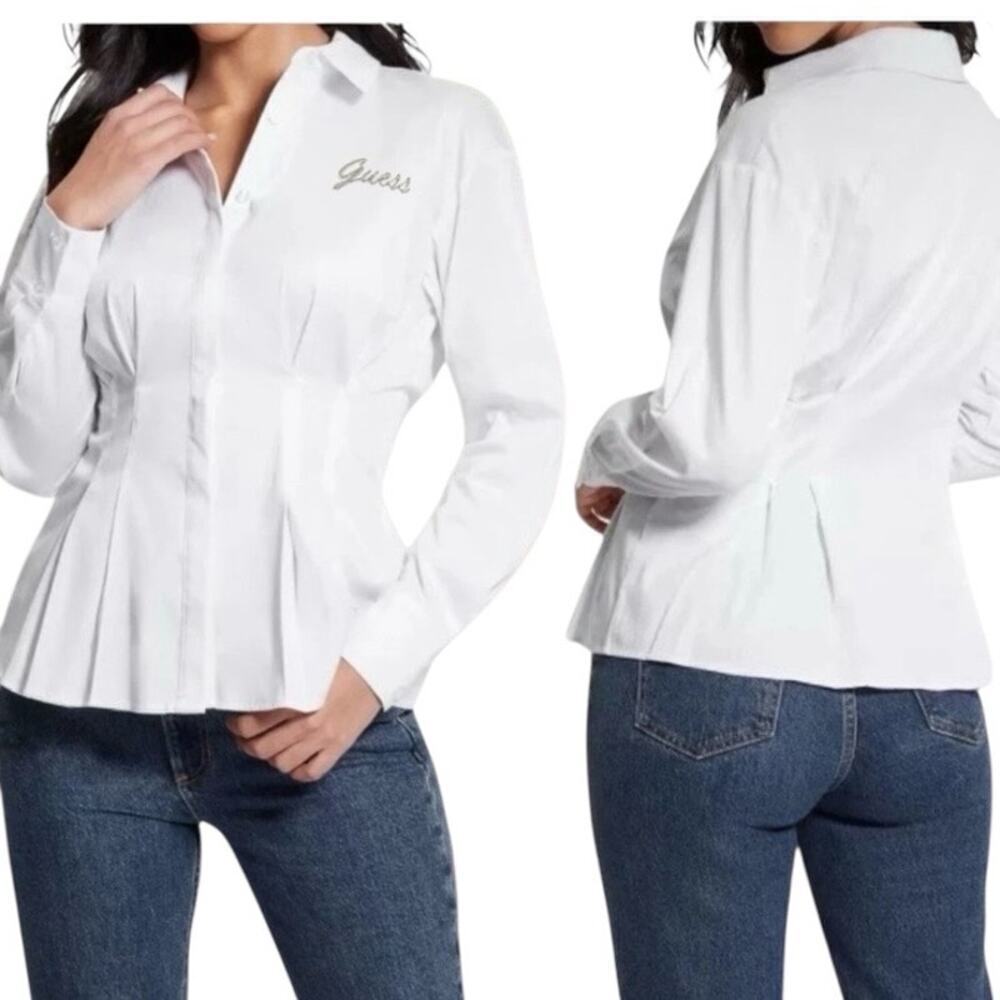 Guess Sz M White Corset Waist Sculpted Button-down Shirt Fitted Feminine Poplin